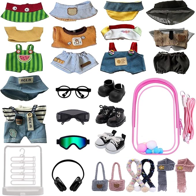 Clothes for Labubu, 24-piece Clothes and Accessories Set Designed for Labubu Doll Clothes, Includes Display Bag, Clothes Rack, Scarf, Knitted Bags, Headphones, Glasses, and Shoes Accessories - Style F