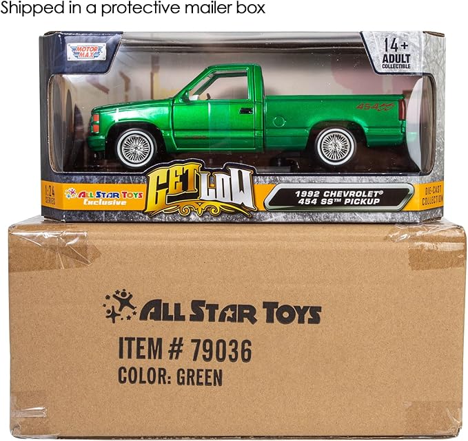 All Star Toys 1992 Silverado 454SS Pickup Lowrider Truck Candy Green 1/24 Diecast Model Motormax Get Low 79036 Exclusive