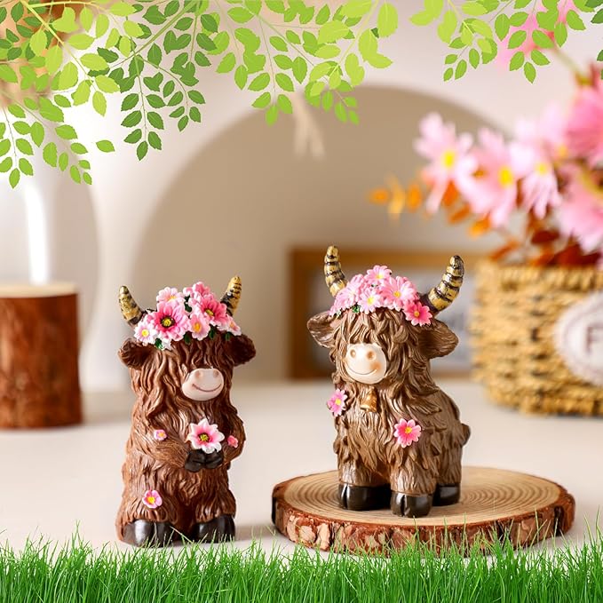 Burbell 2 Pcs Highland Cow Figurines Decor Daisy Flower Highland Cow Gnomes Resin Statue Calf Lovers Gifts for Farmhouse Home Garden Kitchen Office Tiered Tray Table Decor