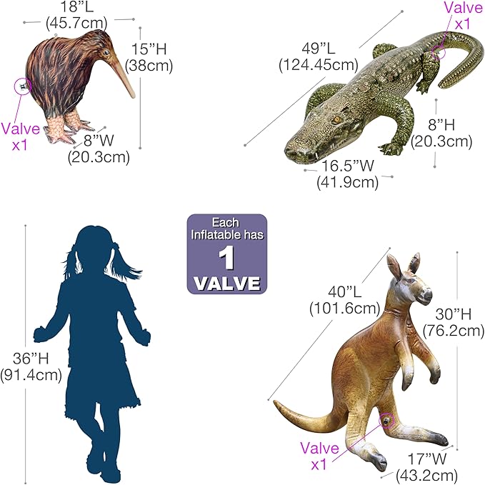 Jet Creations Life on Earth Wildlife Safari Inflatable, 3-PK, Kangaroo, Kiwi Bird, Alligator, Realistic Animals for Party Decoration, Pool, Birthday, Jungle Photo Prop