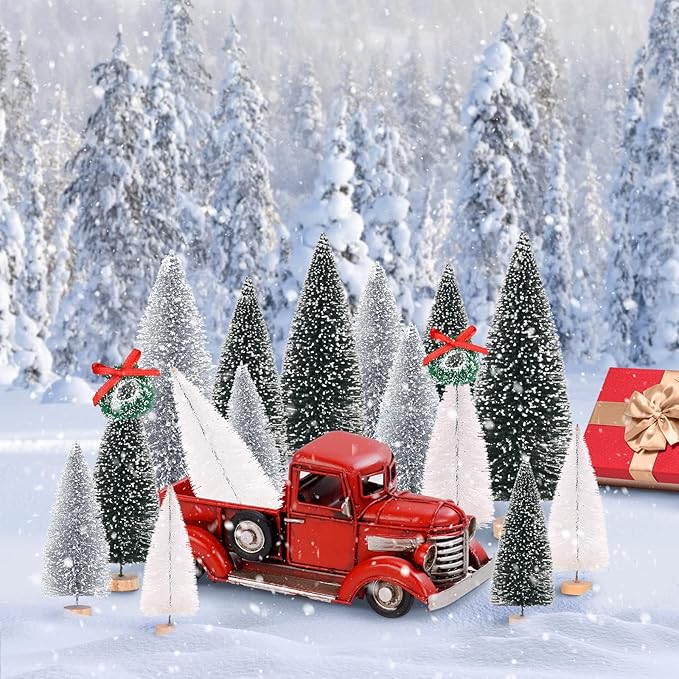 Waipfaru Christmas Table Decor, 30 Pcs Bottle Brush Christmas Trees, White Mini Christmas Trees, Farmhouse Pine Trees for Xmas Tabletop Crafts Indoor Home Decorations (Sliver & White)