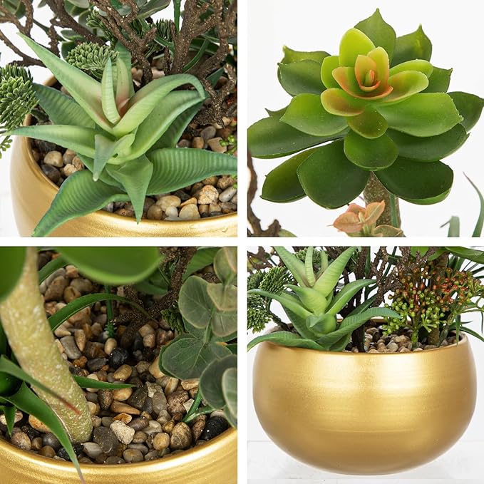 DILATATA Artificial Succulent Plants in Gold Pot Faux Succulent Arrangement Fake Potted Plants with Pebbles for Home Office Desk Shelf Table Decor