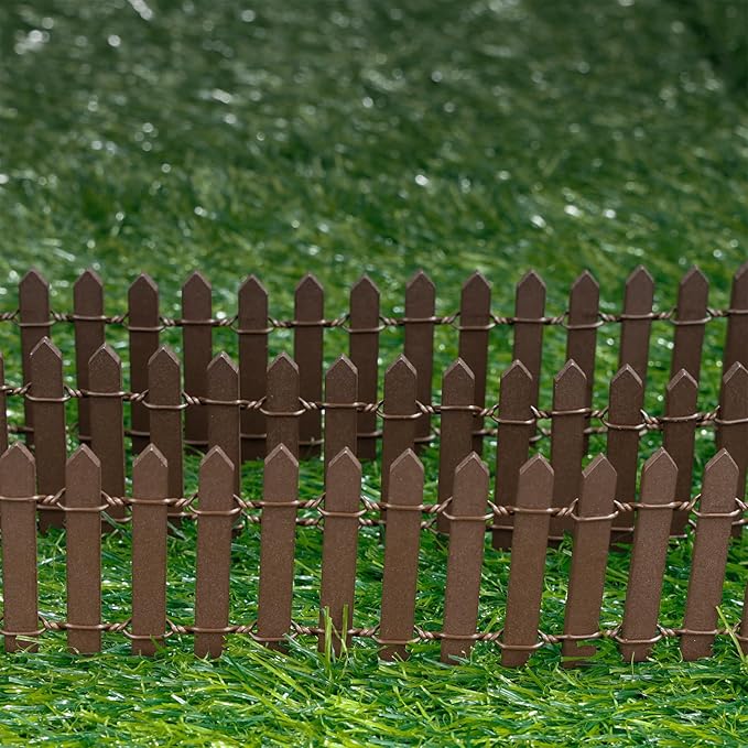 Mini Fairy Garden Fence, 35.5 Inch Cuttable Small Wood Picket Fence, DIY Miniature Accessories Decoration for Dollhouse, Crafts, Vegetable Platter, Cake(Brown)