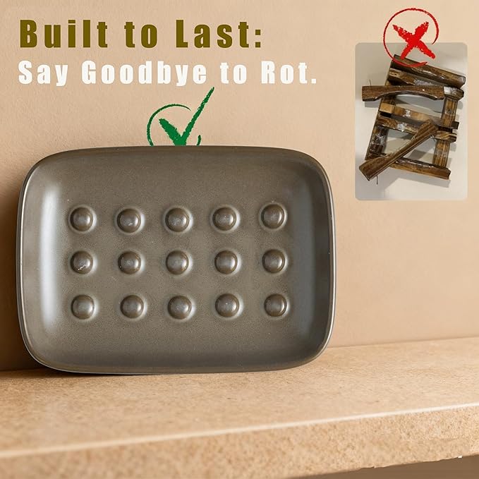 Soap Dish for Shower, Ceramic Bar Soap Holder, Soap Saver Non-Slip, Decorative Sponge Tray for Bathroom Kitchen Sink Bathtub, Multi-Purpose, Raised Pattern - Keep Soap Dry, Brown