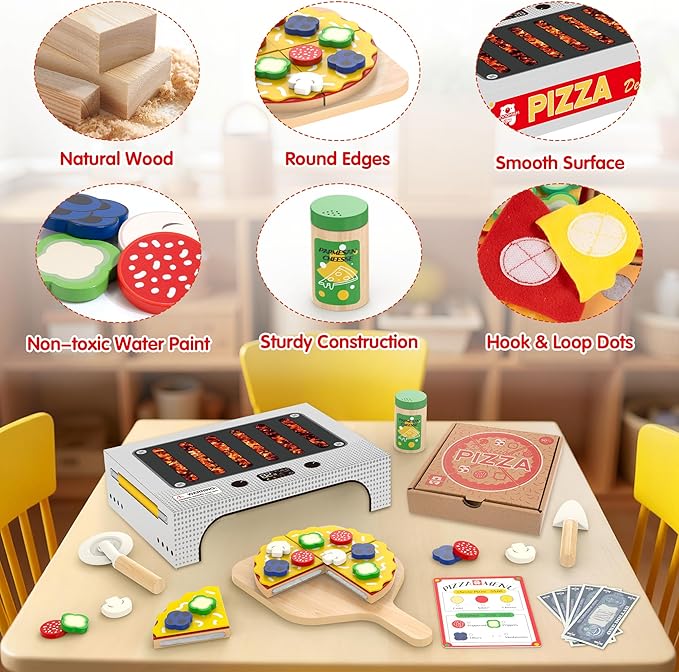 WOODMAM Pizza Toy Set, Montessori Realistic Play Food with Oven Box, Educational Learning Toys for Preschoolers Toddlers Age 3 4 5 6, Christmas Birthday Gift for Kids