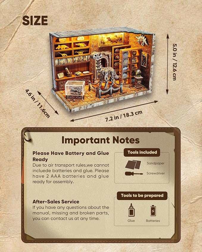 DIY Miniature House Kit – Mini House Book Nook Kit Bookend Bookcase Craft Bookshelf Home Decor with LED Light Christmas Birthday for Adults Beginners(Dinosaur Research Institute)