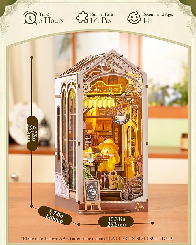 ROBOTIME DIY Book Nook Kit Holiday Café, 3D Wooden Puzzle Miniature Coffee Shop with LED Light, Creative Bookshelf Decor Diorama Kit for Adults, Unique Gift Idea