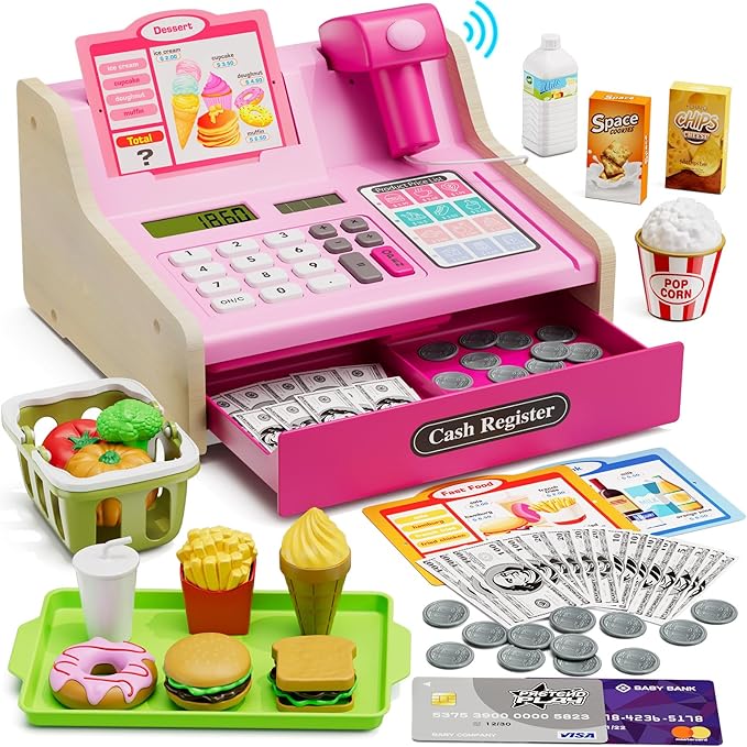 Wee Wonders Wooden Cash Register for Kids with Real Calculator, Rechargeable Cash Register Toy with Scanner/Play Money/Food/Credit Card/Menu, Pretend Play Toys Gifts for Boys Girls Ages 3-8,Color