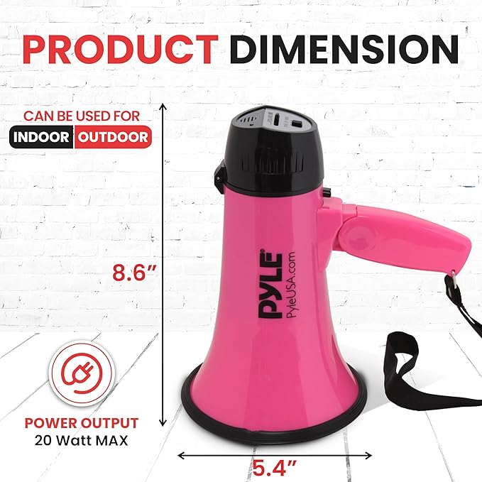 PYLE-PRO Portable Megaphone Speaker Siren Bullhorn - Compact and Battery Operated with 20 Watt Power, Microphone, 2 Modes, PA Sound and Foldable Handle for Cheerleading and Police Use PMP24PK (Pink)