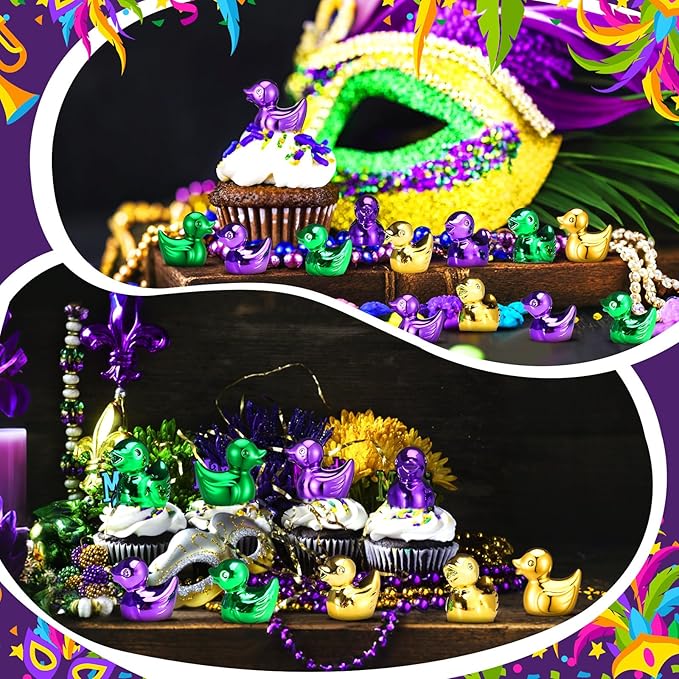 100 Pcs Shiny Mardi Gras Mini Duck Figures Colorful Mardi Gras Duck Decor Micro Landscape Aquarium Garden Hide and Seek Carnival Decoration Charm for Party Gift(Green, Gold, and Purple)
