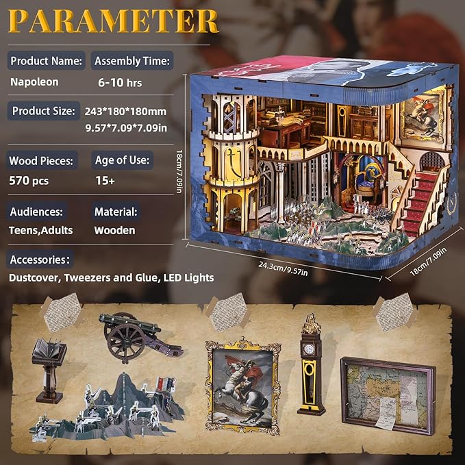 Book Nook Kit - 3D Wooden Puzzle for Adults, Teens, DIY Miniature Dollhouse Kit Booknook Tiny House Bookshelf Decor, Gifts for Family, Friends (Napoleon)