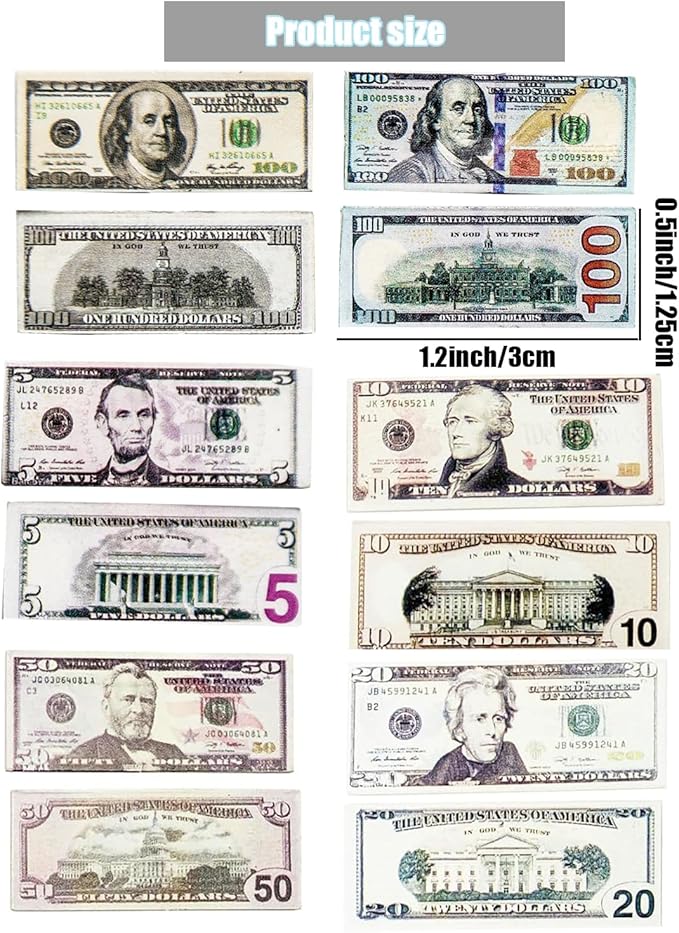 550PCS Miniature Scene Model 100 Dollar Bills for Dollhouse 1:12 Dollar Bills for Dollhouse Accessories