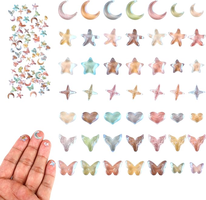 120Pcs Iridescent Resin Charms, Star Moon & Mermaid Tail Miniature Dollhouse Accessories, Waterproof Tiny Figurines for Fairy Garden, Micro Landscape & DIY Crafts with Window Envelope Packaging