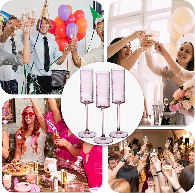 6 Pieces Pink Champagne Flutes,6 OZ Twill Pattern Striped Vintage Stem Glasses Stemware Wine Glasses Champagne Long Stem Drinking Colored Glasses Goblets for Wedding Cocktail Cups,Cava, Prosecco