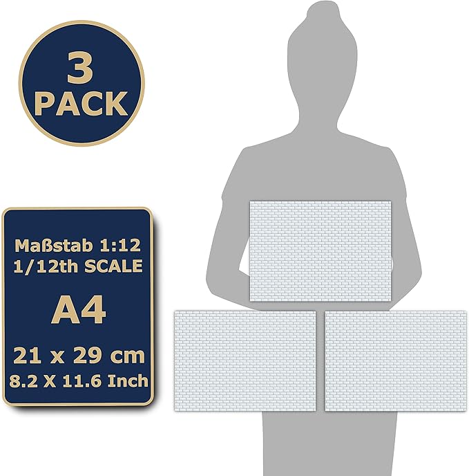 3 Sheets Self-Adhesive Wall Tiles - Bathroom & Kitchen Metro Tiles for Dollhouses (1:12 Scale) - Glazed White
