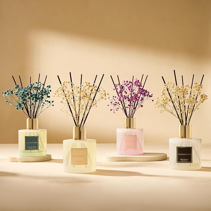 COCORRÍNA Reed Diffuser - Black Forest 17 Fl.oz Reed Diffuser with 8 Sticks Scented Diffuser with Preserved Flowers for Bathroom Home Decor