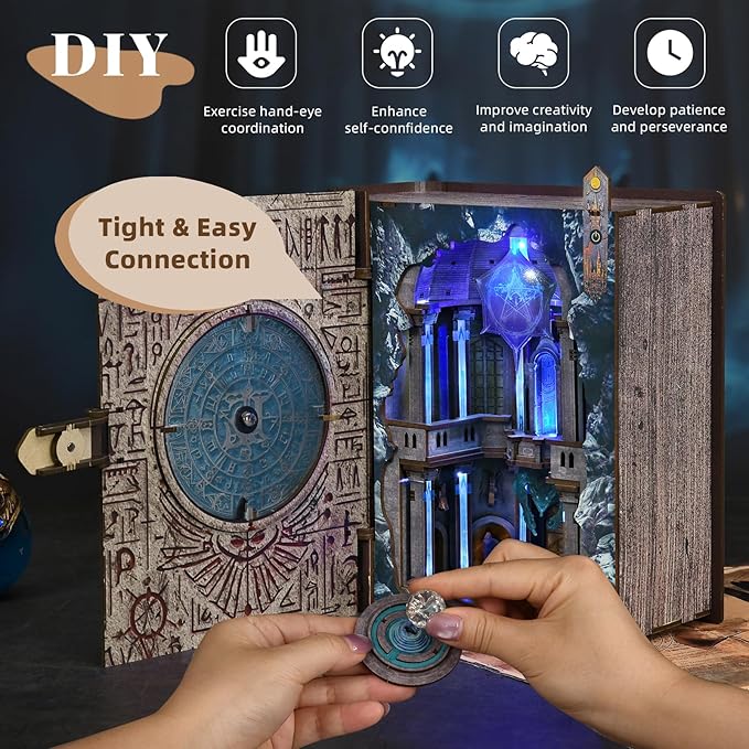 Book Nook Kit, DIY Miniature Dollhouse Magic Booknook Kit, 3D Wooden Puzzle Bookend Bookshelf with LED Light for Adults Teens (Circle of Magic)