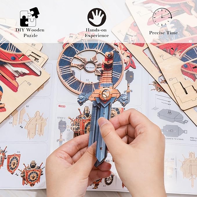 3D Wooden Puzzles for Adults - Knight Clock, Wooden 3D Mechanical Wood Model Kit, Good Gifts Idea for Family and Friends, DIY Model Kits for Home Decor