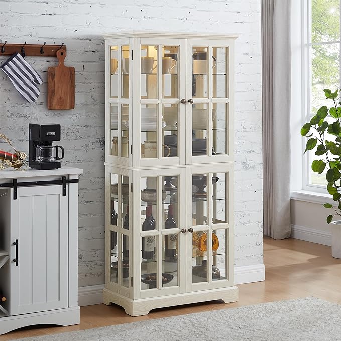 68" H Glass Curio Display Cabinet with Light, 6-Tier Wooden Storage Showcase w/ 4 Glass Doors & Adjustable Shelves, Vintage Accent Cabinet w/Mirrored Back Pane for Home & Office (White)