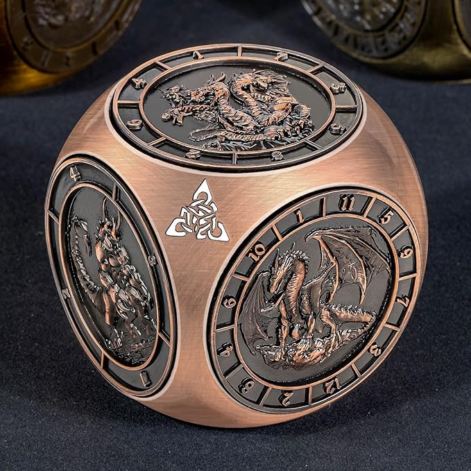7 in 1 Unique Spinner DND Dice Set D&D, Metal Cube D and D Dice with Gift Box, Dungeons Dragons Role Playing Dice, Copper