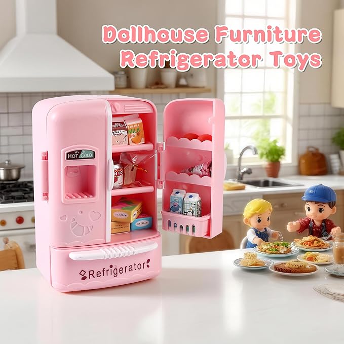 Dollhouse Mini Refrigerator Furniture, Essential Kitchen Accessory for Dollhouse, Compatible with Mini Foods, Kids' Playhouse Decor