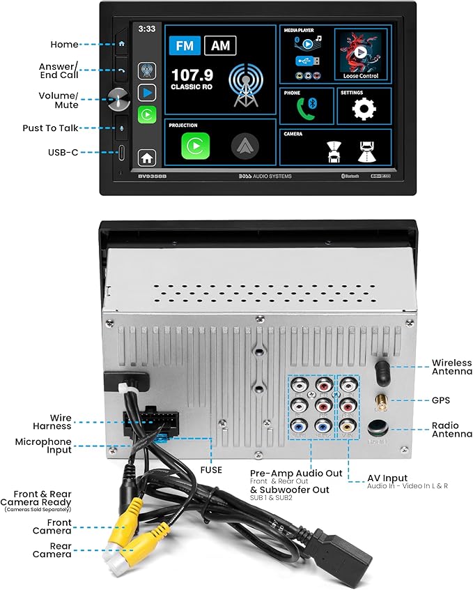 BOSS Audio Systems BV9358B Car Stereo – Wireless CarPlay Android Auto, Double Din, 7 Inch Touchscreen, Bluetooth, NO CD DVD Player, AM/FM Radio Receiver, A/V Input, USB