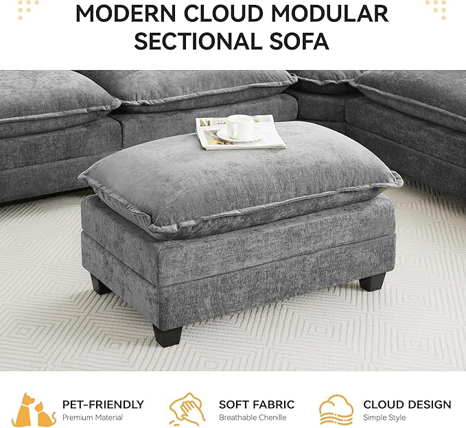 35‘’ Modern Chenille Cloud Sofa Ottoman,Rectangle Ottoman for Modular Sectional Sofa, Grey