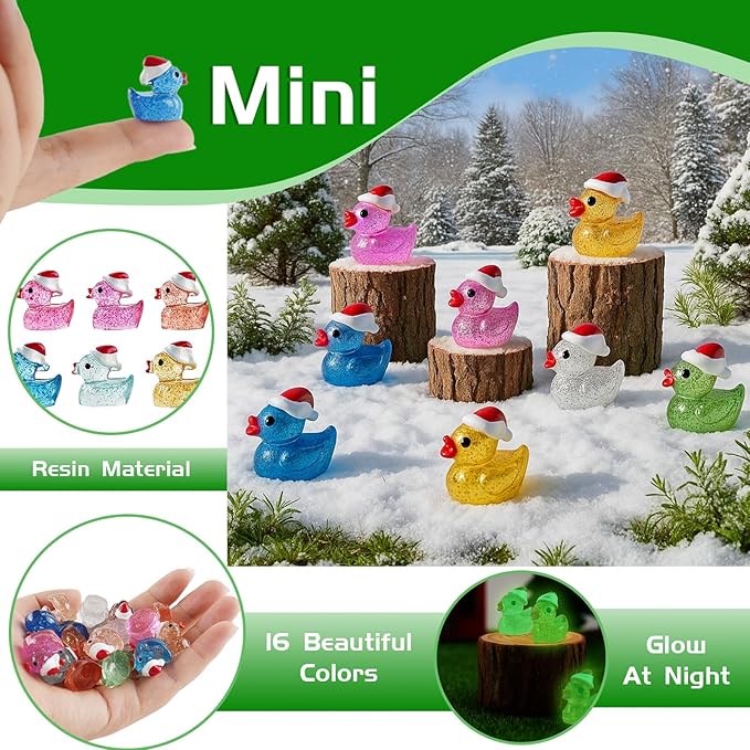 160pcs Luminous Mini Dollhouse Glitter Ducks Colorful Christmas Tiny Resin Ducks Plastic Animal Figures to Hide and Seek for Fairy Garden Landscape Aquarium Decorations Potted Plants Festive Decor