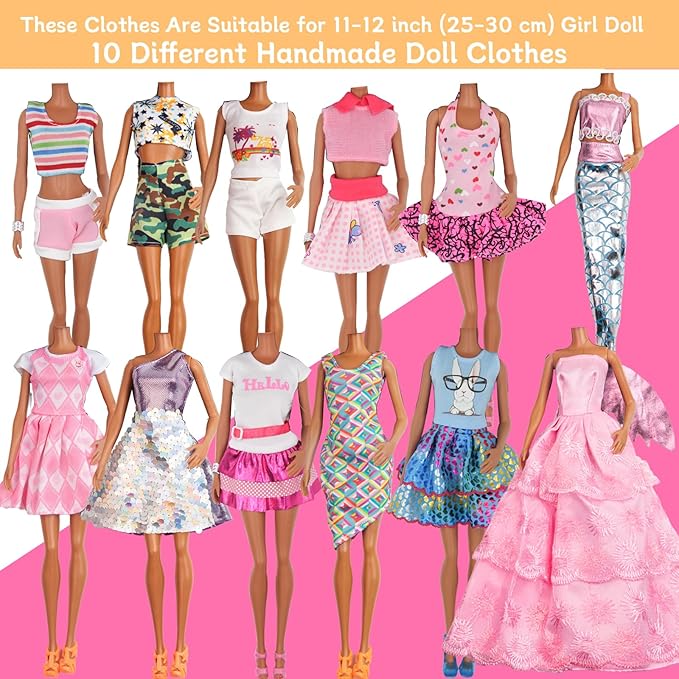 90Pcs Doll Clothes and Accessories for 11.5 Inch Girl Dolls Set Contain 10 Different Handmade Party Grown Outfits, 1 Handmade Wedding Dress, 1 Mermaid Dress, 78 Accessories for Girl Doll