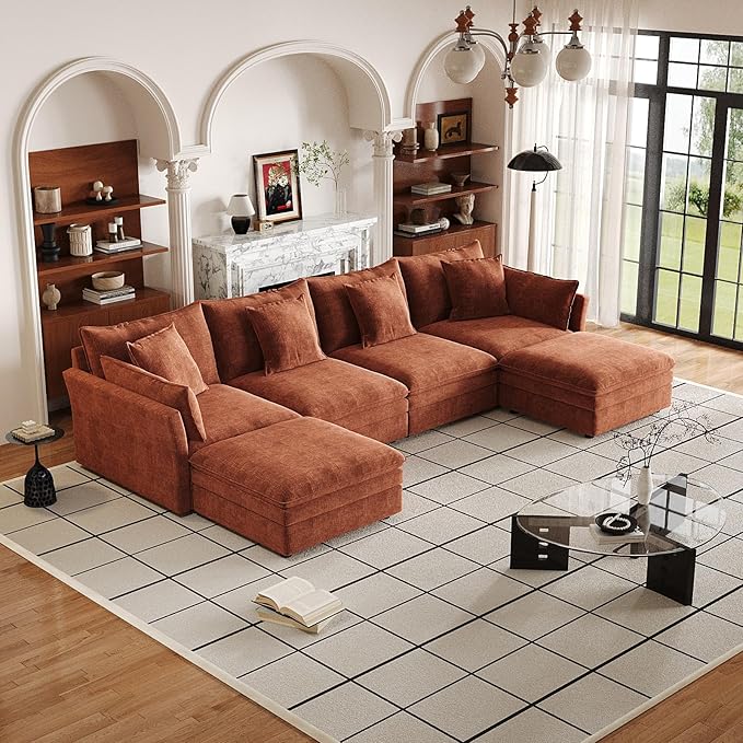 142" Modular Sectional Sofa with 2 Ottomans, 6-Seat Modern Chenille Cloud Couch, Convertible U/L-Shaped Sleeper Sofa with Double Cushions & 4 Lumbar Pillows for Living Room, Apartments and HomeTheater