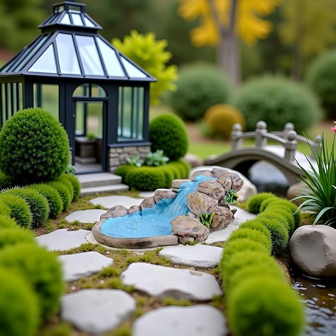 Blue DIY Miniature Water Pool Fairy Garden Decor - Antique European Manor Style Mini Pond Landscape Ornament for Dollhouse Village and Outdoor Crafts