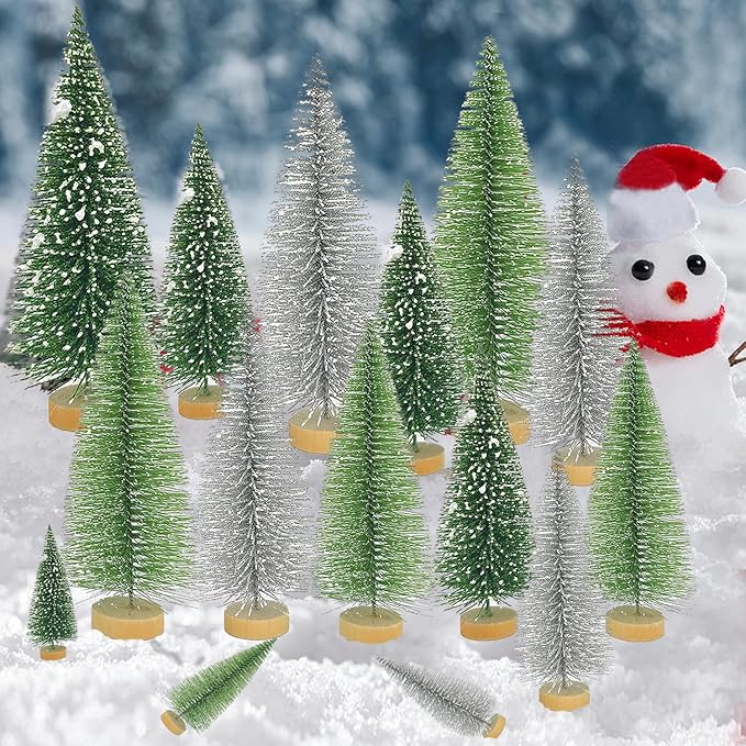 Yahpetes Christmas Tree 15 Pcs Sisal Trees Artificial Xmas Trees 3 Colors Bottle Brush Trees Miniature Pine Trees with Wooden Base for Christmas Holiday Decorations (Silver,Green,Dark Green 15Pcs)
