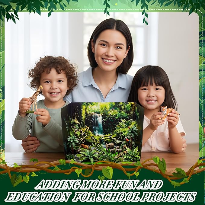AmazingSpark 2 Set Rainforest Style Diorama Box and Fake Grass Decor, Rainforest Diorama Project Supplies Set, Cardboard Display Case Kit & Artificial Grass with Double Sided Tapes for DIY Crafts