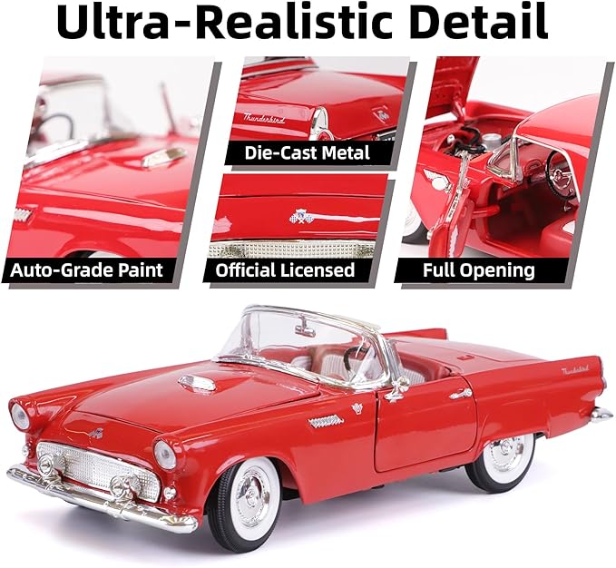 1955 Ford Thunderbird 1/18 Scale Die-Cast Metal Model Premium Classic Vintage Alloy Collection Cars with Display Case, for Kids Men and Teens Dad 14+ Year