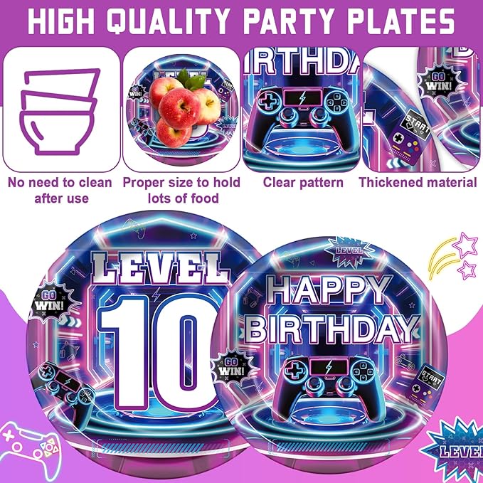 96Pcs 10th Birthday Video Game Party Decorations 10 Years Old Themed Tableware Purple Blue Plates Napkins Forks Level 10 Dinnerware Party Supplies for Kids Boys Gamer Gaming Birthday Serves 24 Guests