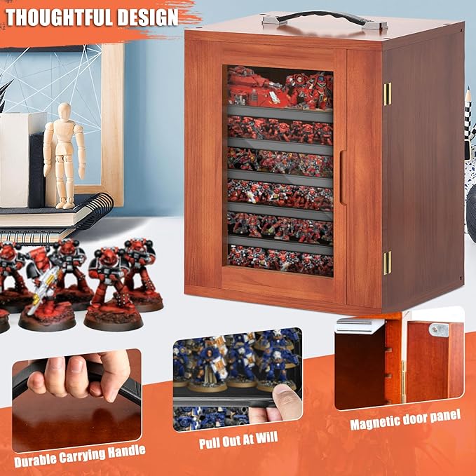 Miniature Storage Case for Collectibles, Miniature Display Cases with Magnetic Door and 6 Trays, Clear View Miniatures Transport Case (Brown)