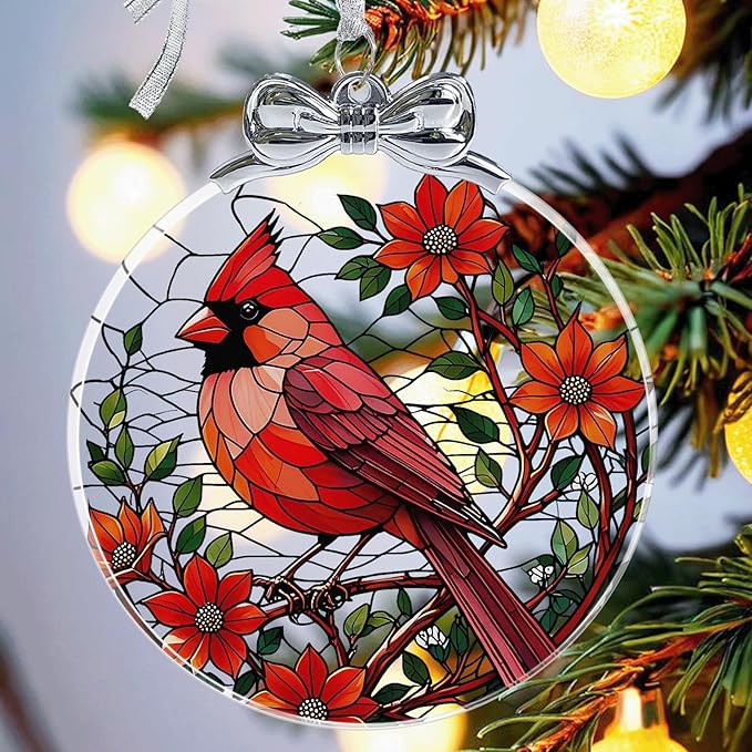 Cardinal Christmas Ornament Crystal Glass for Christmas Tree Décor - Red Cardinal Memorial Gifts - Sympathy Gifts for Loss of Loved One - Unique Hanging Ornament for Christmas Tree Decorations