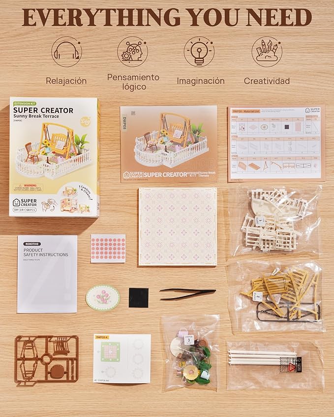 Rolife Super Creator Series Accessroies, DIY Mini Flower Garden Scenery Kit, Miniature Dollhouse Castle Building Kit's Part, Sunny Break Terrace Gift for Kids Adults Women