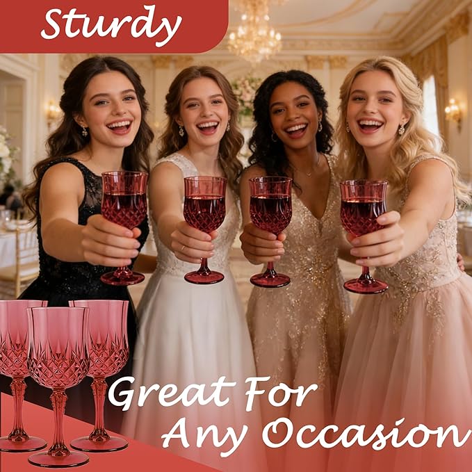LEYIQU Plastic Wine Glasses, Plastic Goblets Vintage Style Cordial Drinking Glasses for Valentine’s Day, Wedding Reception, Grand Event Party Supplies (48, Scarlet Rose)