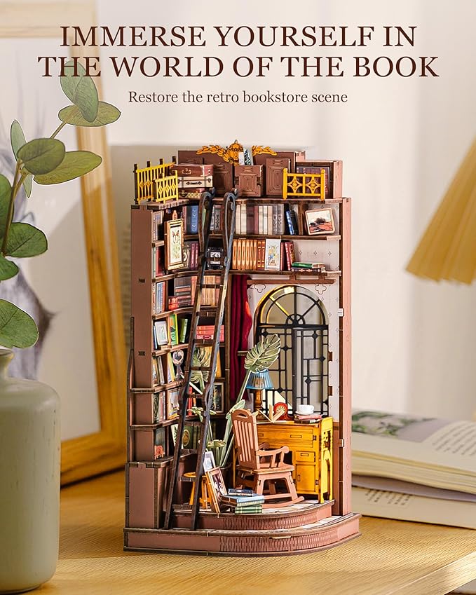 Rolife DIY Book Nook Kit Silent Corner Study, 3D Puzzles Creative British Bookend Bookshelf Decor for Adults, Tiny House Miniature Kits Model Building Kits, DIY Crafts/Gifts for Teens & Book Lovers
