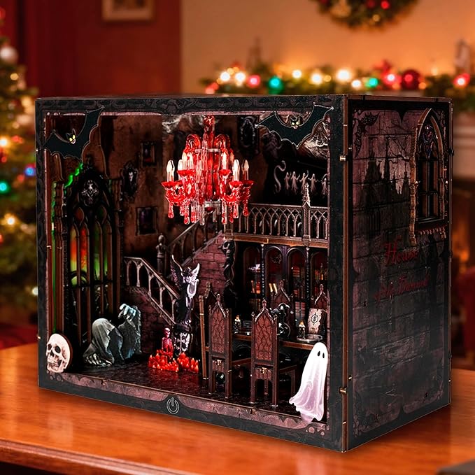 DIY Miniature House,LED Lighting Book Nook Kit Dollhouse Kit for Adult and Teens, Tiny House Bookshelf Decor 3D Wooden Puzzle with Duty Cover, Gifts for Family, Friends,Christmas(Dark Cabin)
