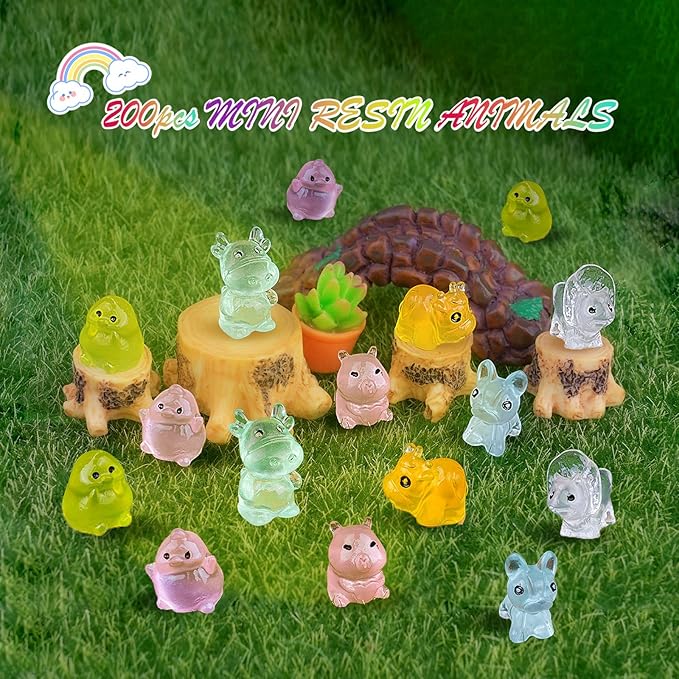 200pcs Multicolor Mini Resin Animals Luminous Tiny Ducks Figures for Micro Fairy Garden Accessories Micro Landscape Ornaments DIY Mini Garden Outdoor Decor Dinosaur Rabbit Flamingo Owls Ocean Animal