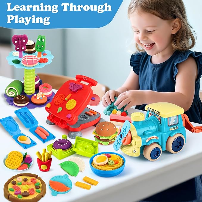 85 PCS 3 in 1 Dough Sets for Kids Ages 3-4-8, Art Crafts Dough Tools Kit, Train Engine Noodle Playset, Hamburger Machine, Dessert Rack, Kitchen Creations Food Play Toys Boys Girls