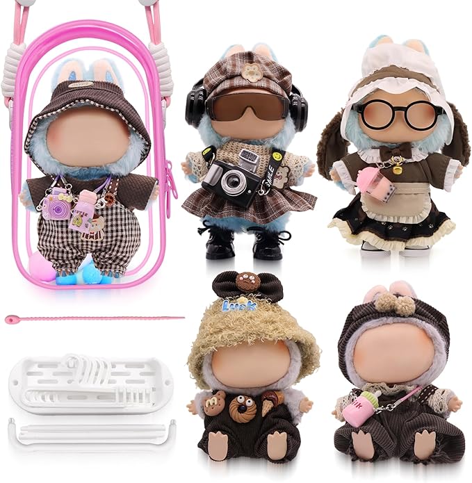Clothes for Labubu, 23-Piece Clothes and Accessories Set Designed for Labubu Doll Clothes, Includes Display Bag, Clothes Rack, Headphones, Camera, Glasses, Shoes, and 6 Mini Accessories - Style C