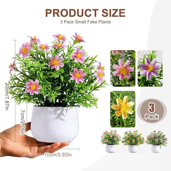 Yarmare 3 Pack Small Fake Plants Artificial Potted Flowers for Indoor Mini Faux Plants with Flowers Greenery for Home Decor Living Room Bathroom Bedroom Office Table Shelf (Pink+Yellow+Purple)