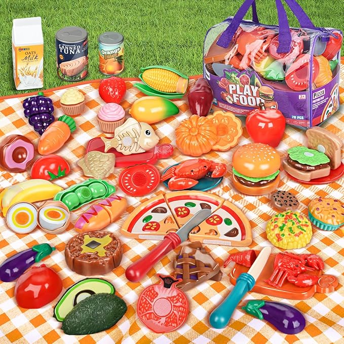 Pretend Play Food for Kids Kitchen, 78Pc Cutting Toy Food with Storage Bag