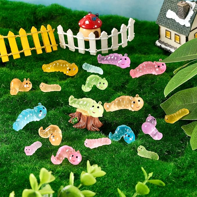 Beadthoven Luminous Mini Worm Glow in The Dark Worm Figurine Cute Miniature Animals Ornaments for Dollhouse Fairy Garden Decoration Accessories DIY Craft Micro Landscape