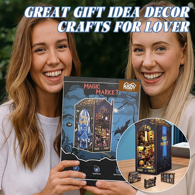 Kisoy Book Nook Kit, 3D Wooden Puzzle Booknook Build Bookshelf Decor, DIY Miniature House Kit for Adults and Teens, Mini House Arts & Craft Gifts for Family and Friends (Magic Market)
