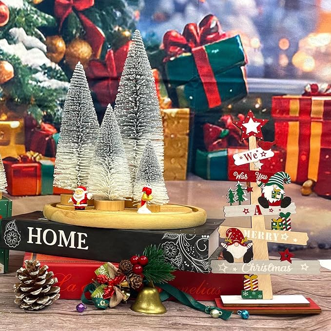 MTKZKAF Mini Christmas Trees Bottle Brush Christmas Trees for Christmas Decorations Multicolor Table Top Gradient Christmas Tree with Wooden Base (Silvery+White)