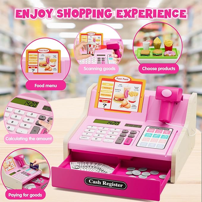 Wee Wonders Wooden Cash Register for Kids with Real Calculator, Rechargeable Cash Register Toy with Scanner/Play Money/Food/Credit Card/Menu, Pretend Play Toys Gifts for Boys Girls Ages 3-8,Color